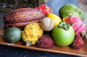 Various, mostly tropical fruits from around the world on a wooden dish