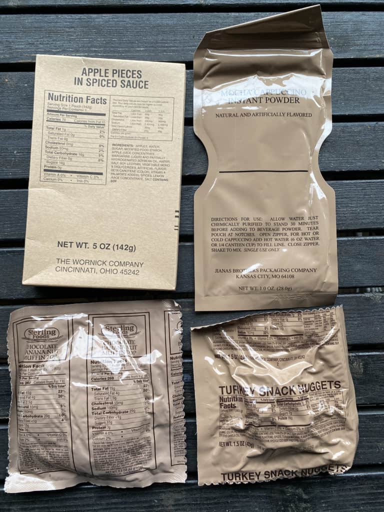 MRE snacks and dessert in tan packaging