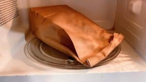 Brown paper bag with unpopped popcorn inside in the microwave ready for popping.