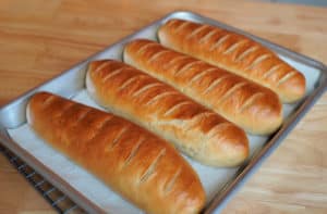 Loaves of baked boiled bread.