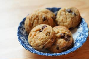 Bowl of chocolate chip cookies.