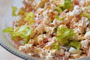 A close-up of popcorn salad.