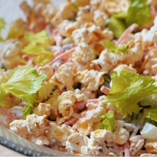 A close-up of popcorn salad.