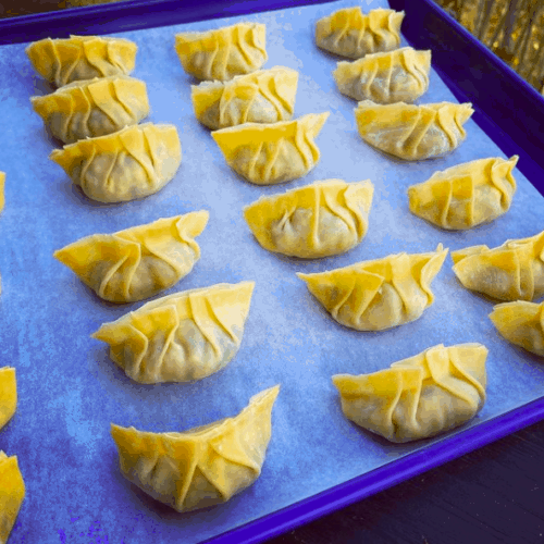 Japanese dumplings lined up on a blue baking tray, covered with parchment paper, waiting to be pan fried.