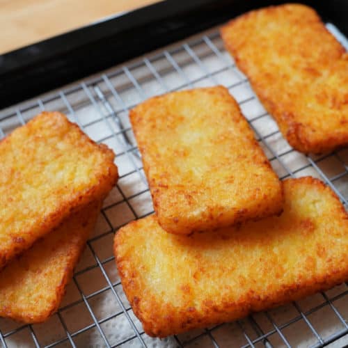 Homemade hash browns on rack.