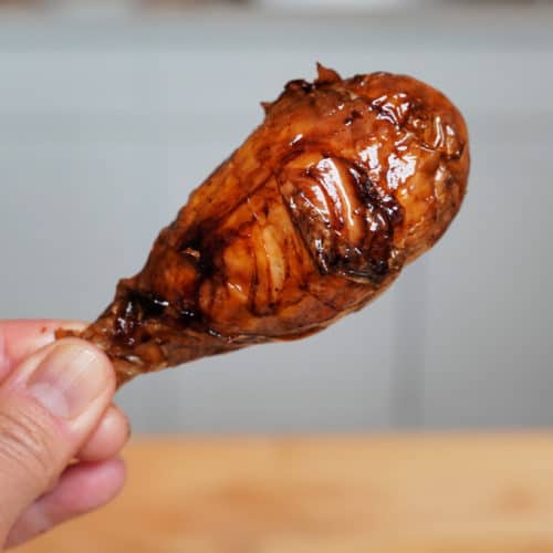 Close up of vegan yuba skin drumstick.