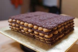 Four layers of chocolate biscuits and four layers of cream.