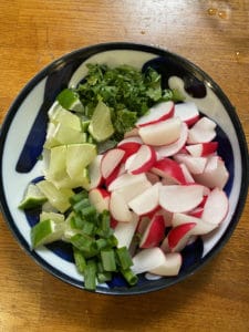 Lime wedges, cut radishes, cilantro, and green onion.