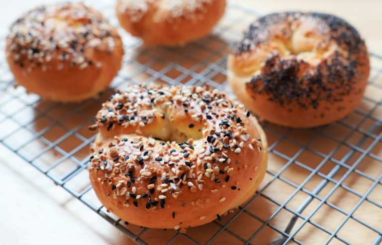 2-ingredient everything bagels on a cooling rack.