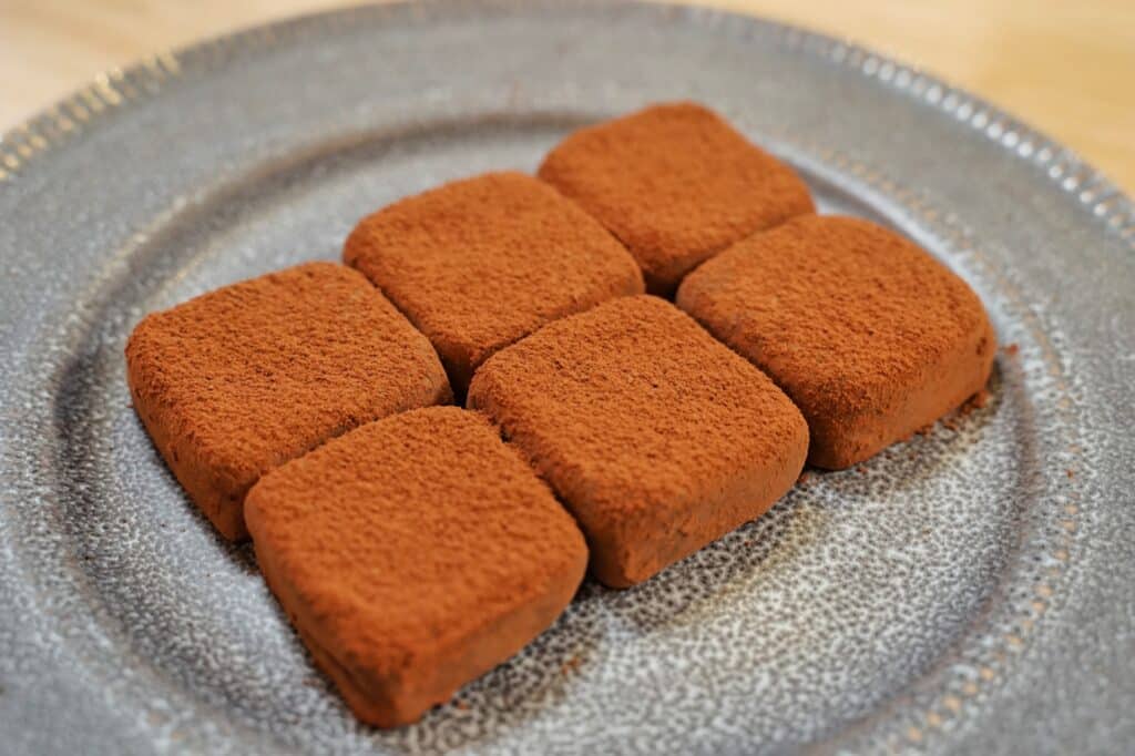 eight squares of choocolate truffles on a round dinner plate.